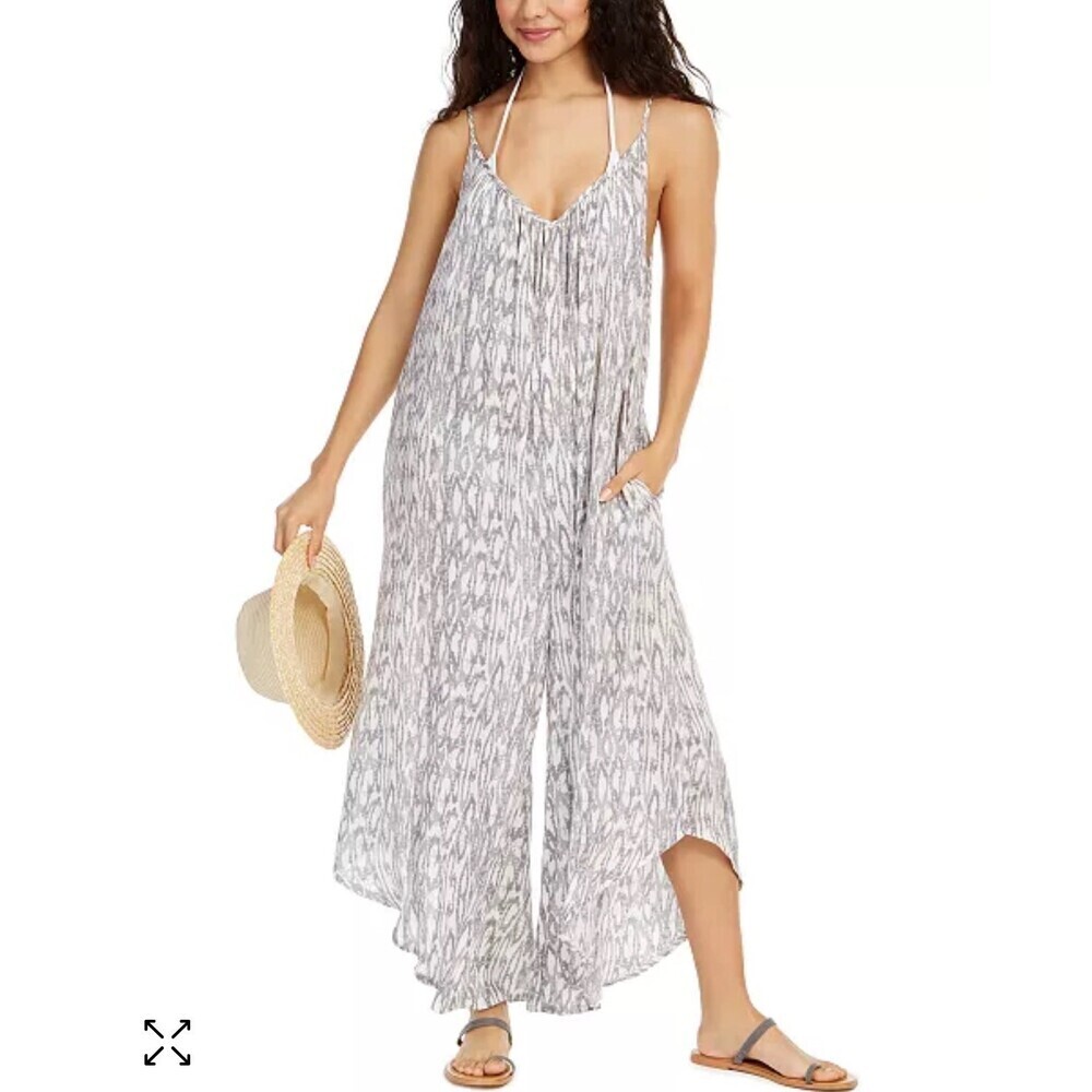 J Valdi Printed Flowy Cover-Up Jumpsuit cover-up with flared legs POCKETS sz LG
